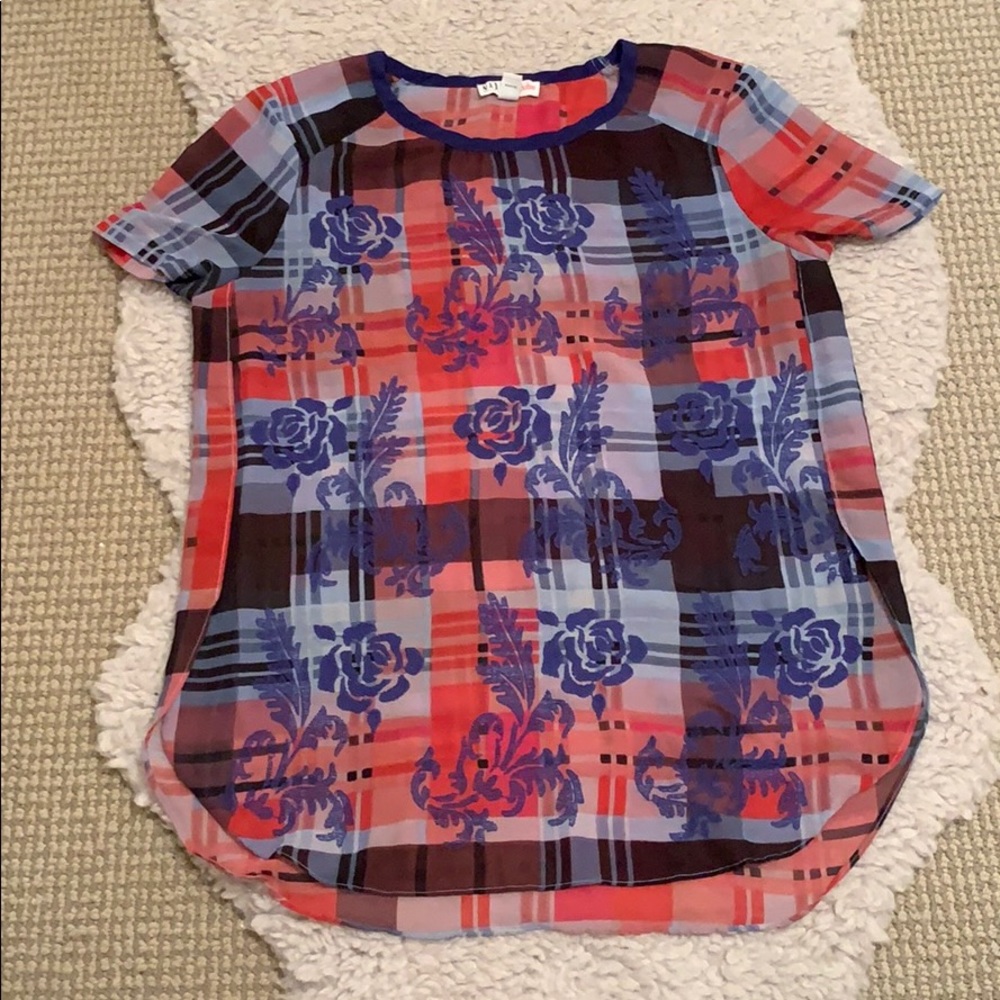 MADE - Red & Blue Plaid Top w/ Embroidered Flowers